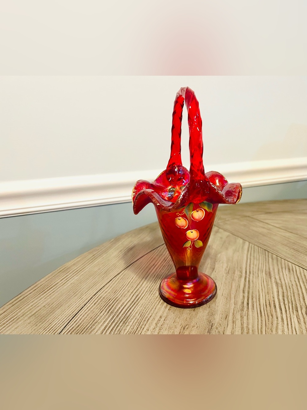 Fenton Ruby Amberina Iridescent Glass Basket Hand Painted Cherries